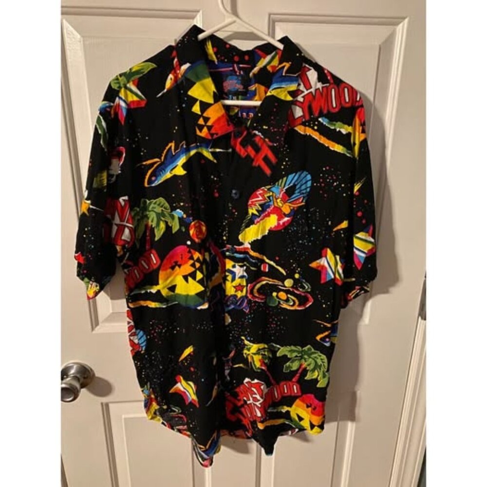 VTG 90s Planet Hollywood Mens XL AOP Space Neon Island Rayon Hawaiian Shirt
